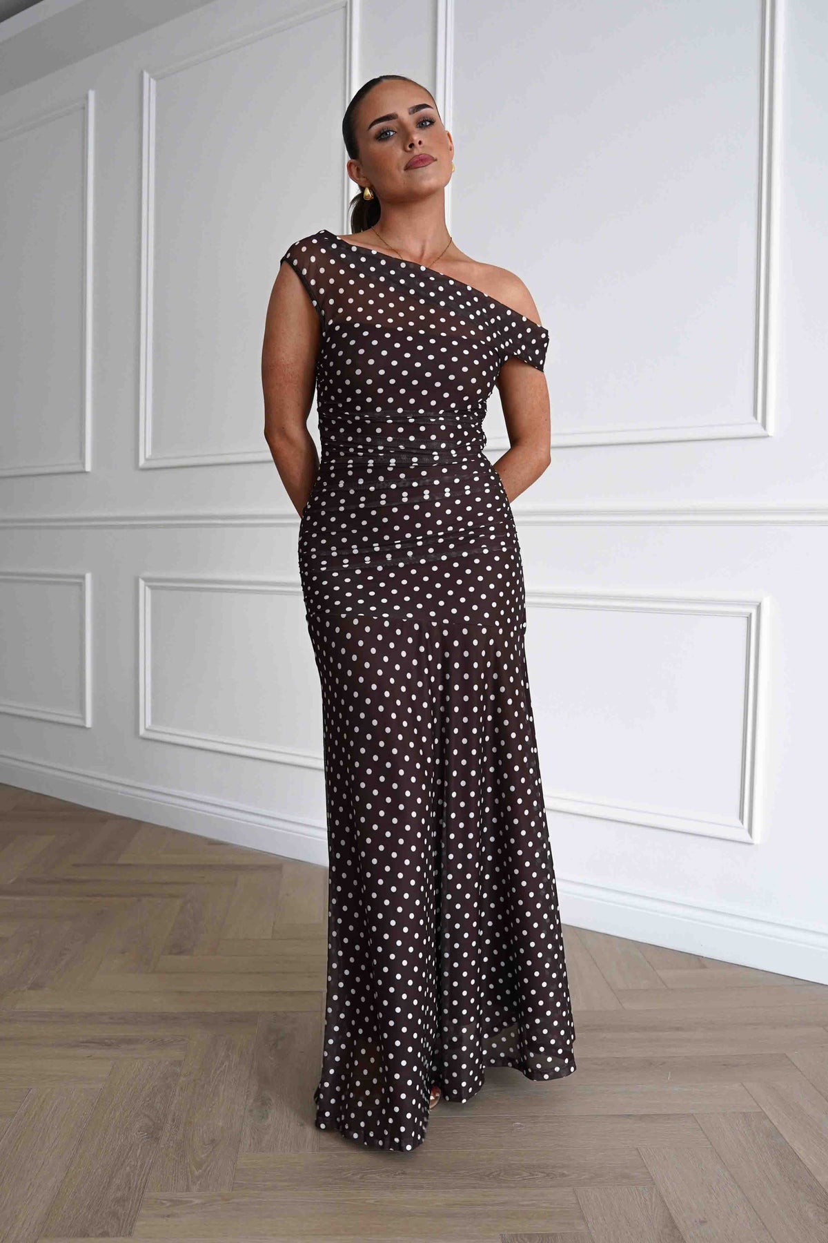 Simone Mesh Polka Dot Maxi Dress | Brown-Oh Hello Clothing