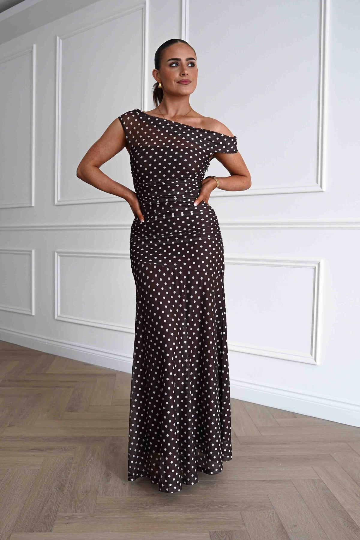 Simone Mesh Polka Dot Maxi Dress | Brown-Oh Hello Clothing