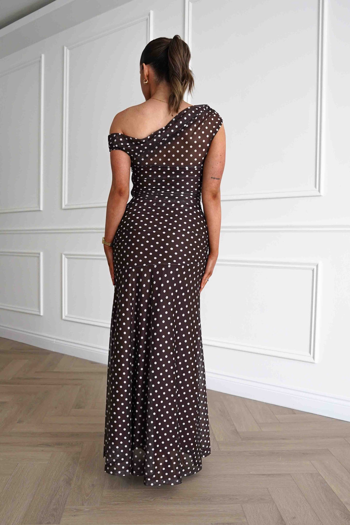 Simone Mesh Polka Dot Maxi Dress | Brown-Oh Hello Clothing