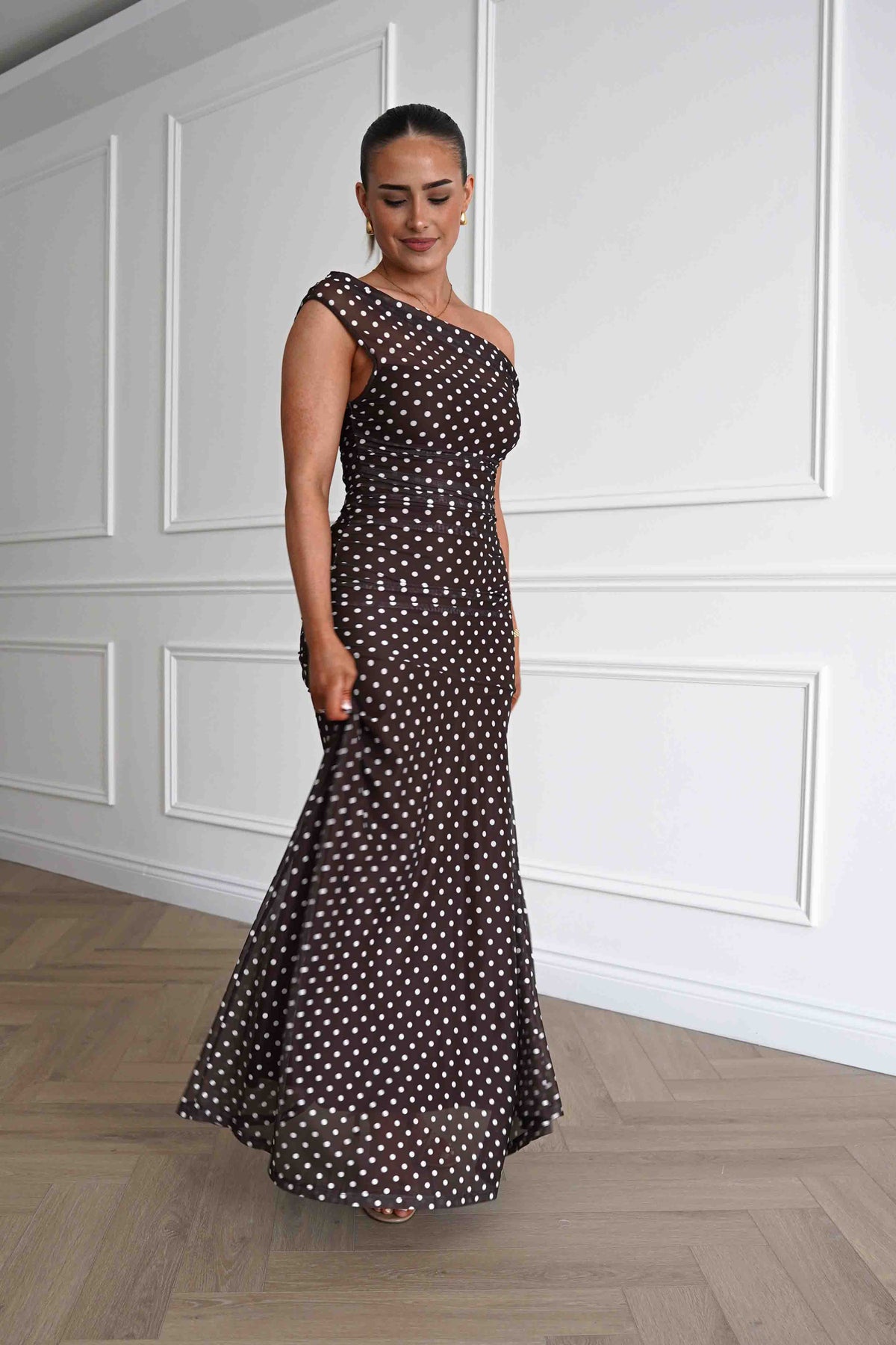 Simone Mesh Polka Dot Maxi Dress | Brown-Oh Hello Clothing