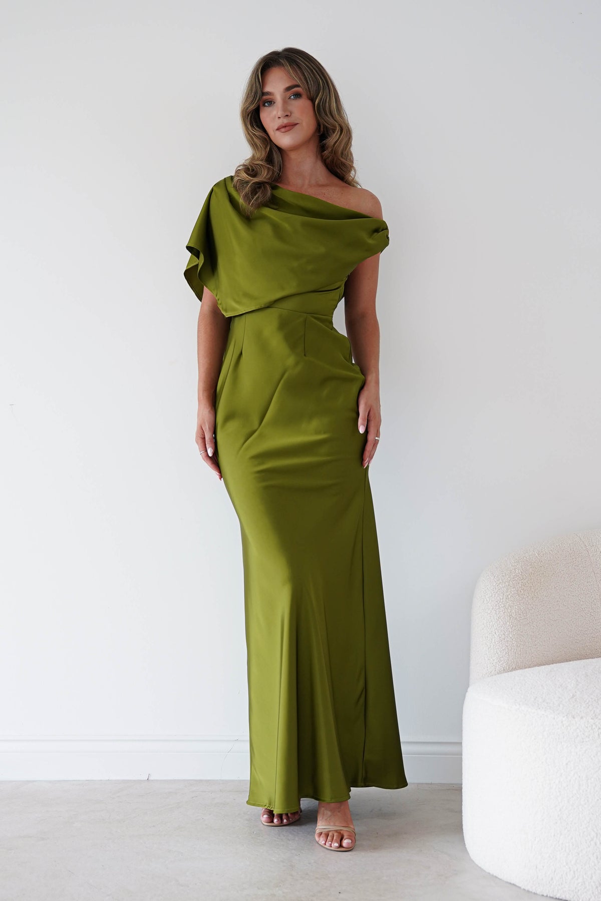 Sinead Satin Draped Maxi Dress | Olive Green-Oh Hello Clothing