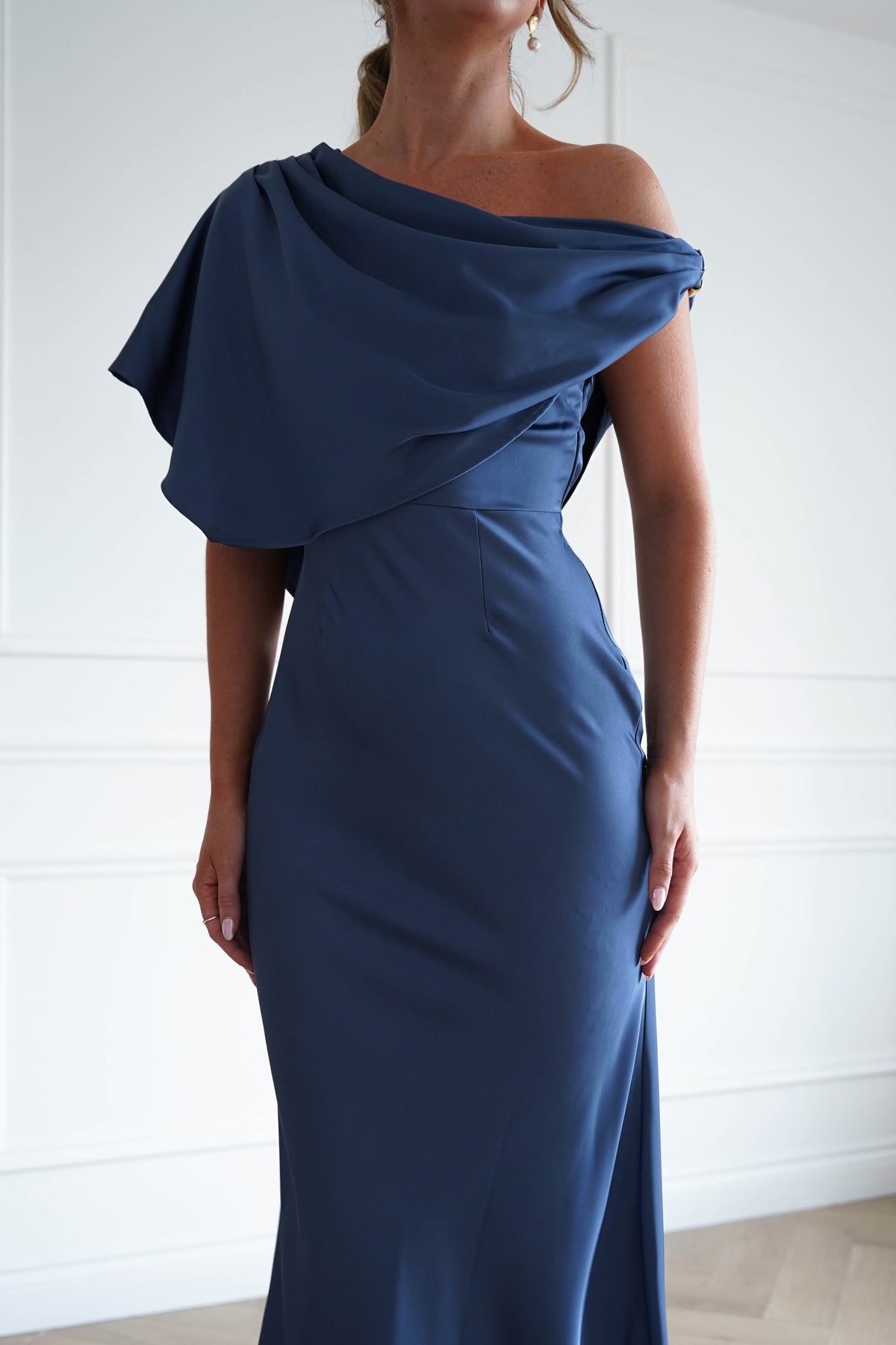 Sinead Satin Draped Maxi Dress | Slate Blue-Oh Hello Clothing