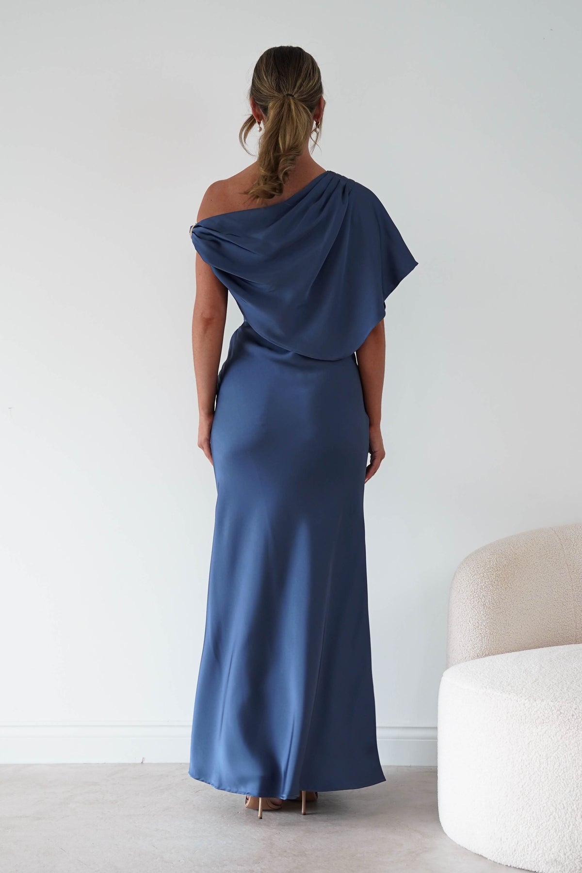 Sinead Satin Draped Maxi Dress | Slate Blue-Oh Hello Clothing