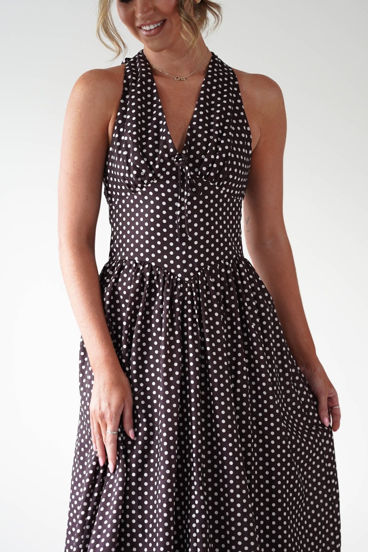 Sivana Polka Dot Skater Maxi Dress | Brown-Oh Hello Clothing