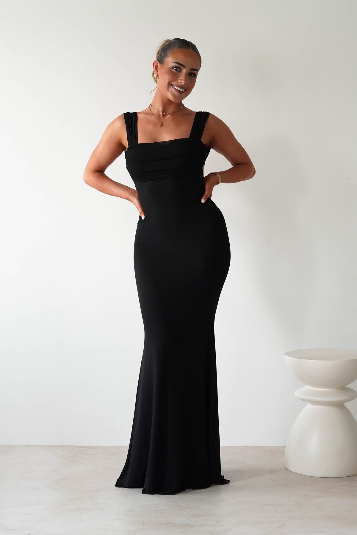 Sky Stretchy Mesh Backless Maxi Dress | Black-Oh Hello Clothing