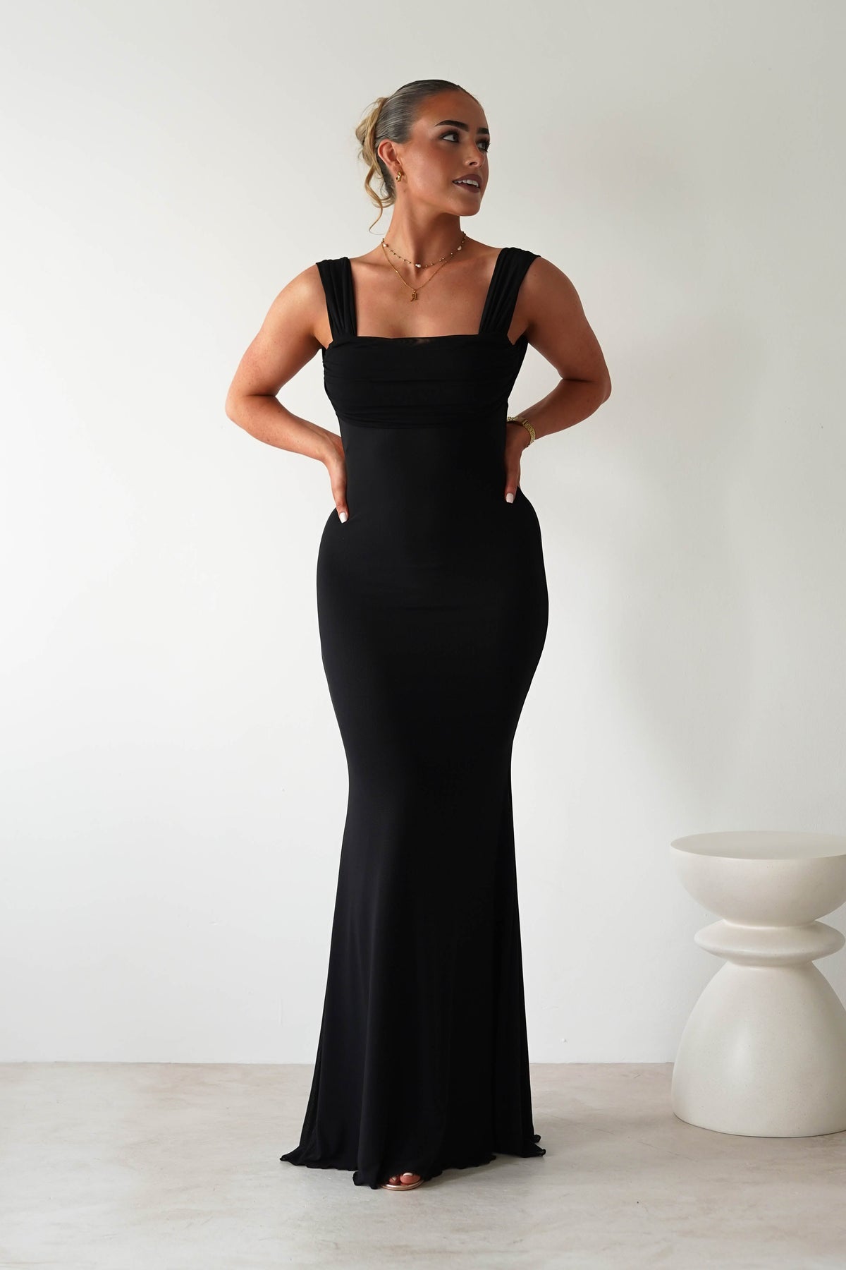 Sky Stretchy Mesh Backless Maxi Dress | Black-Oh Hello Clothing