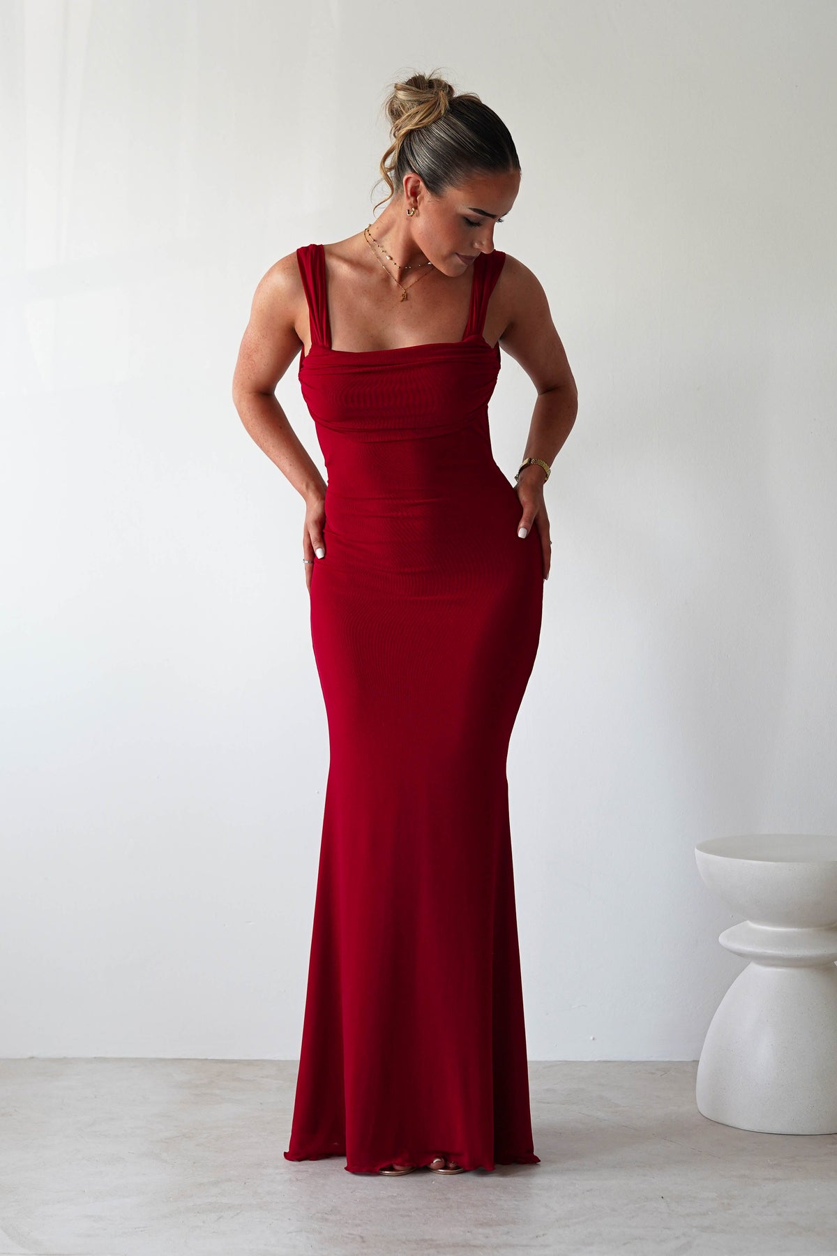 Sky Stretchy Mesh Backless Maxi Dress | Dark Red-Oh Hello Clothing