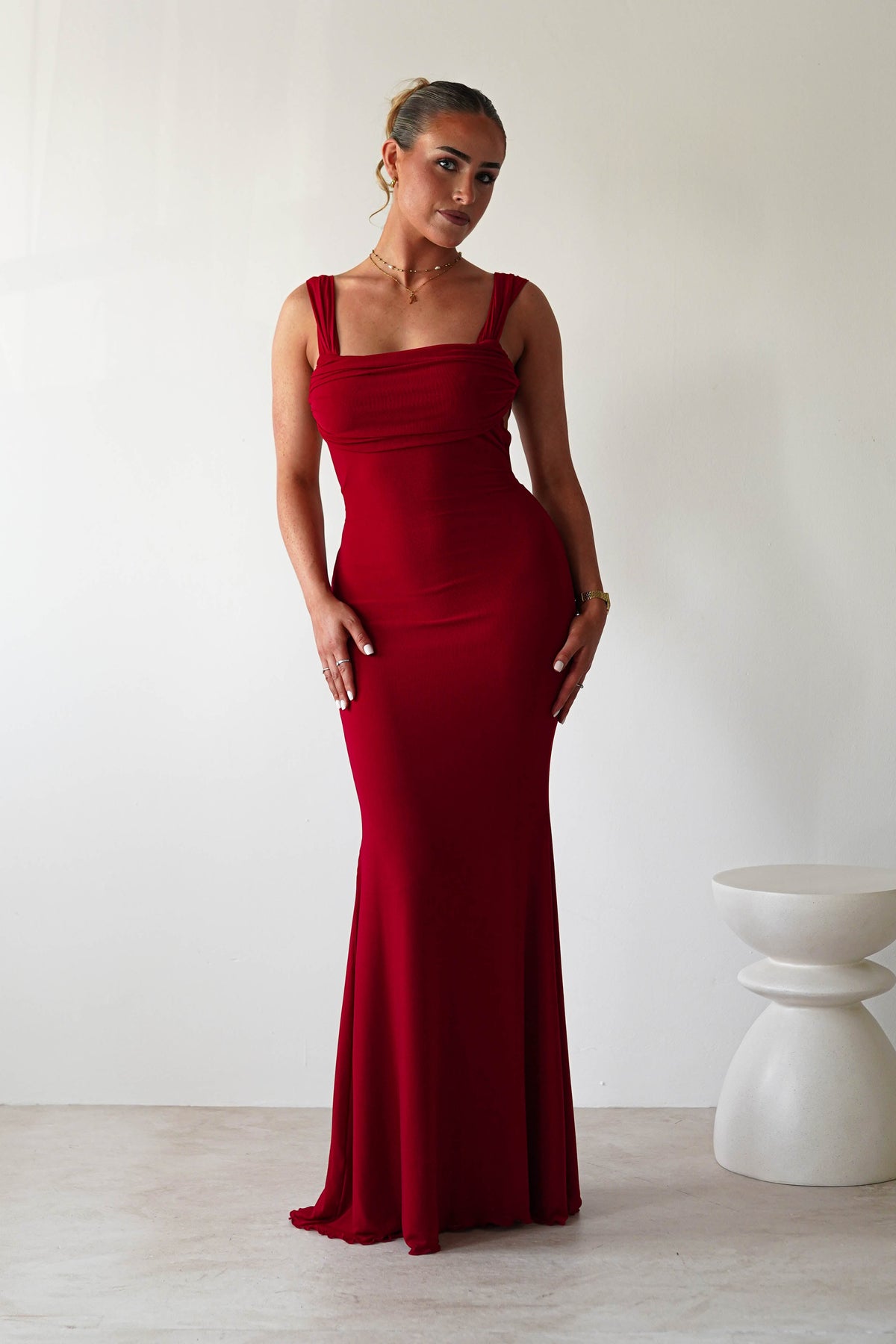 Sky Stretchy Mesh Backless Maxi Dress | Dark Red-Oh Hello Clothing