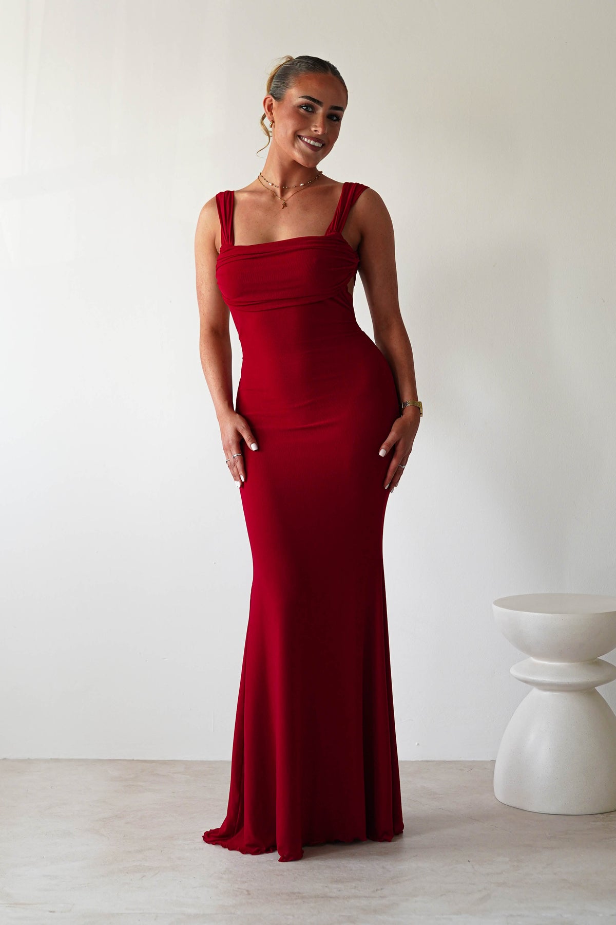 Sky Stretchy Mesh Backless Maxi Dress | Dark Red-Oh Hello Clothing
