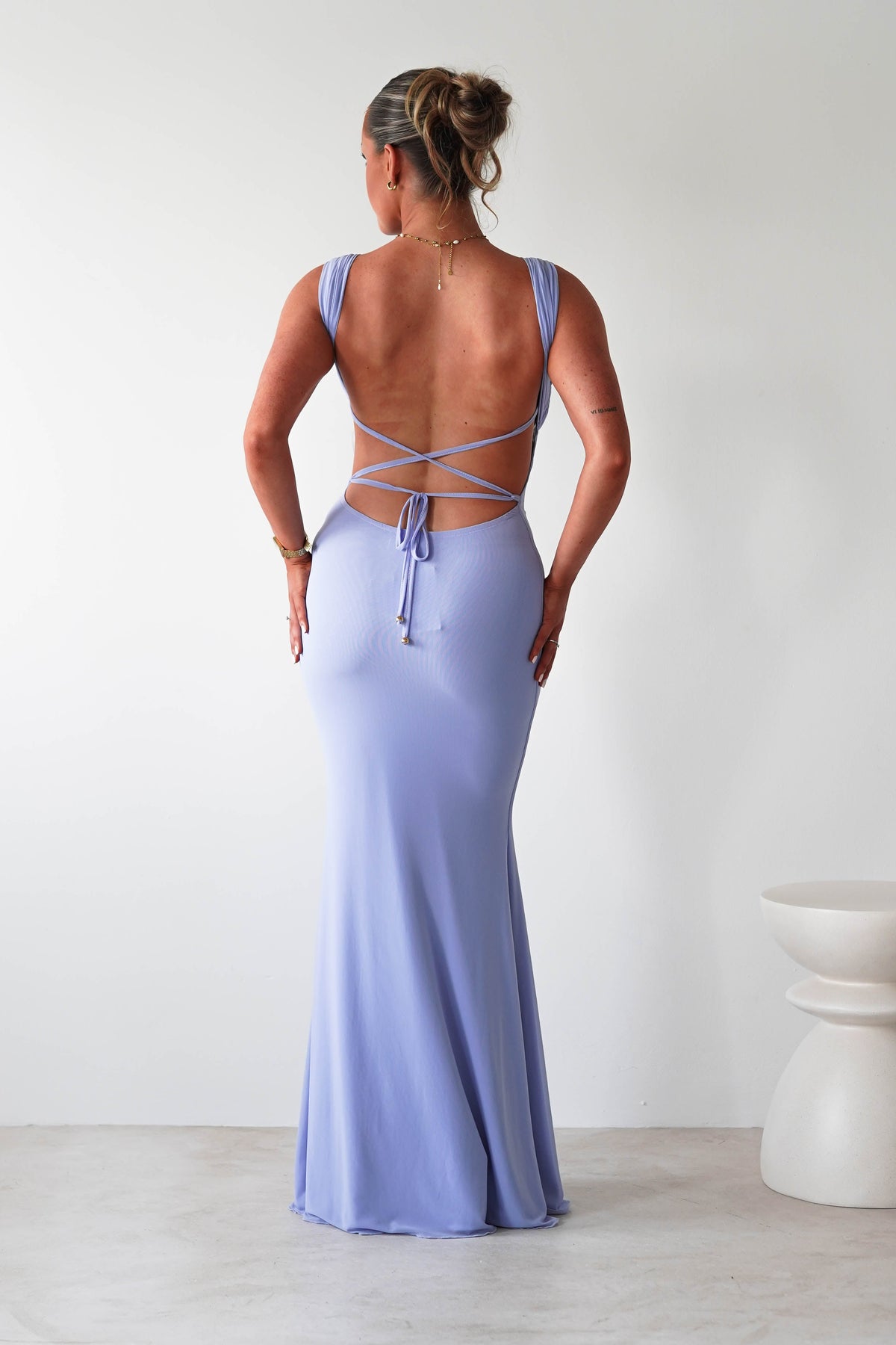 Sky Stretchy Mesh Backless Maxi Dress | Dusty Blue-Oh Hello Clothing