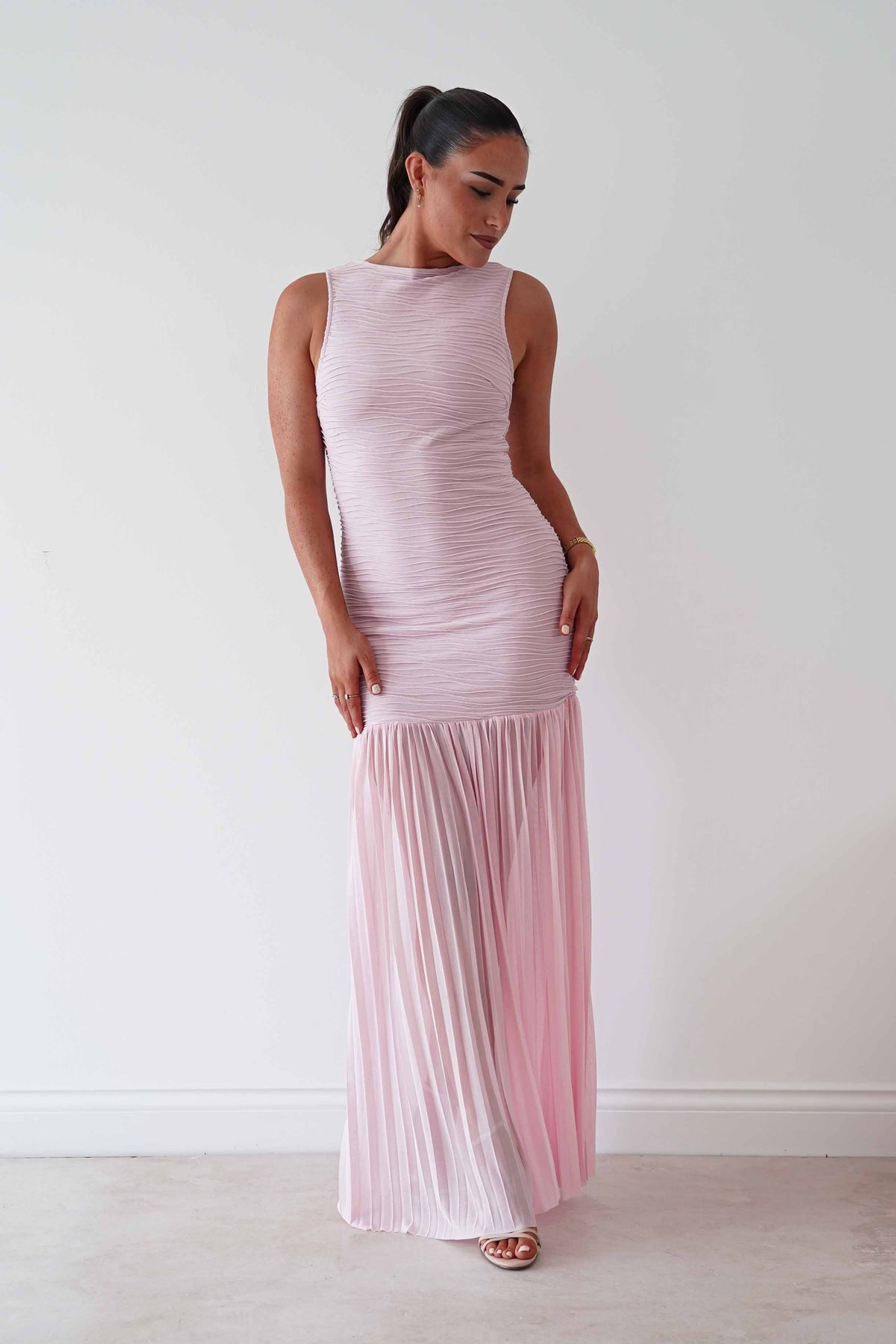 Skye Textured Pleated Hem Midi Dress | Blush Pink-Oh Hello Clothing