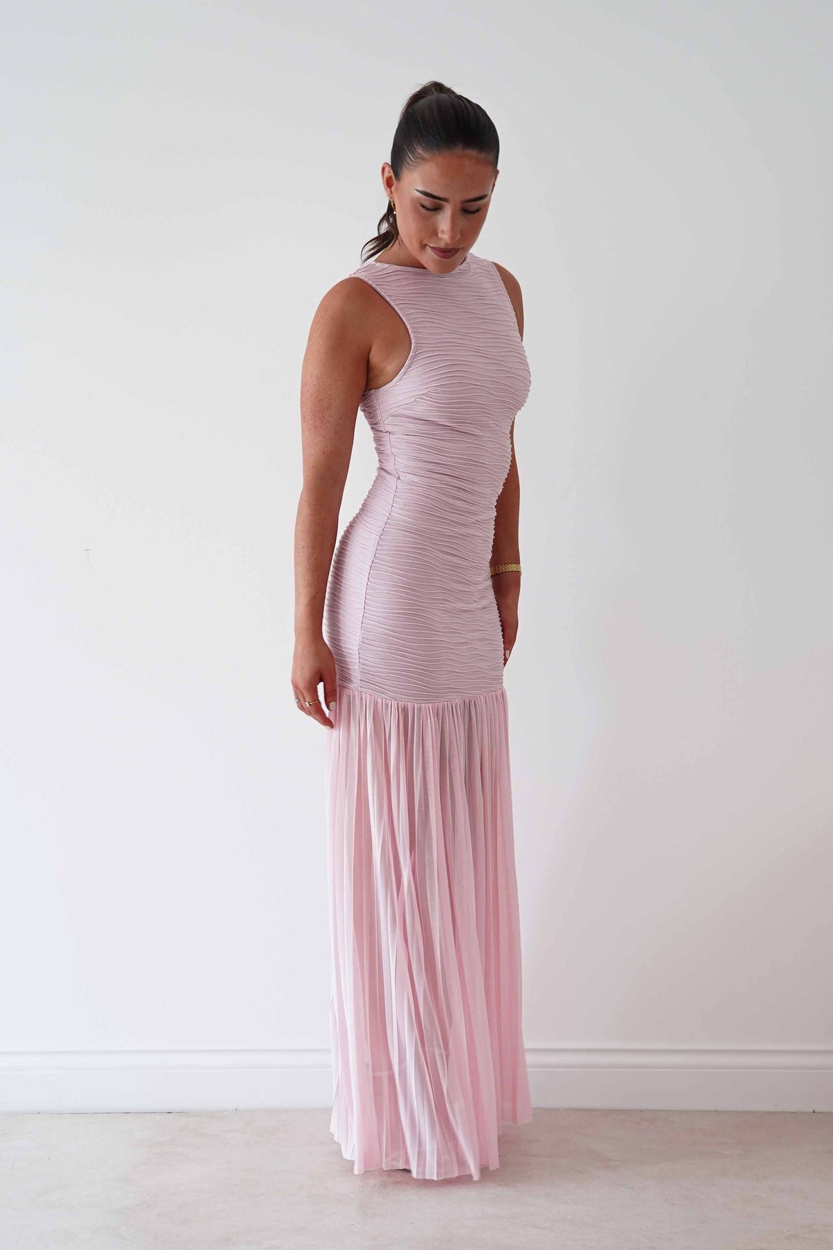 Skye Textured Pleated Hem Midi Dress | Blush Pink-Oh Hello Clothing