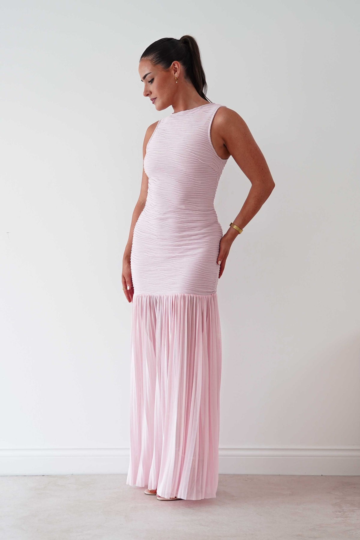 Skye Textured Pleated Hem Midi Dress | Blush Pink-Oh Hello Clothing