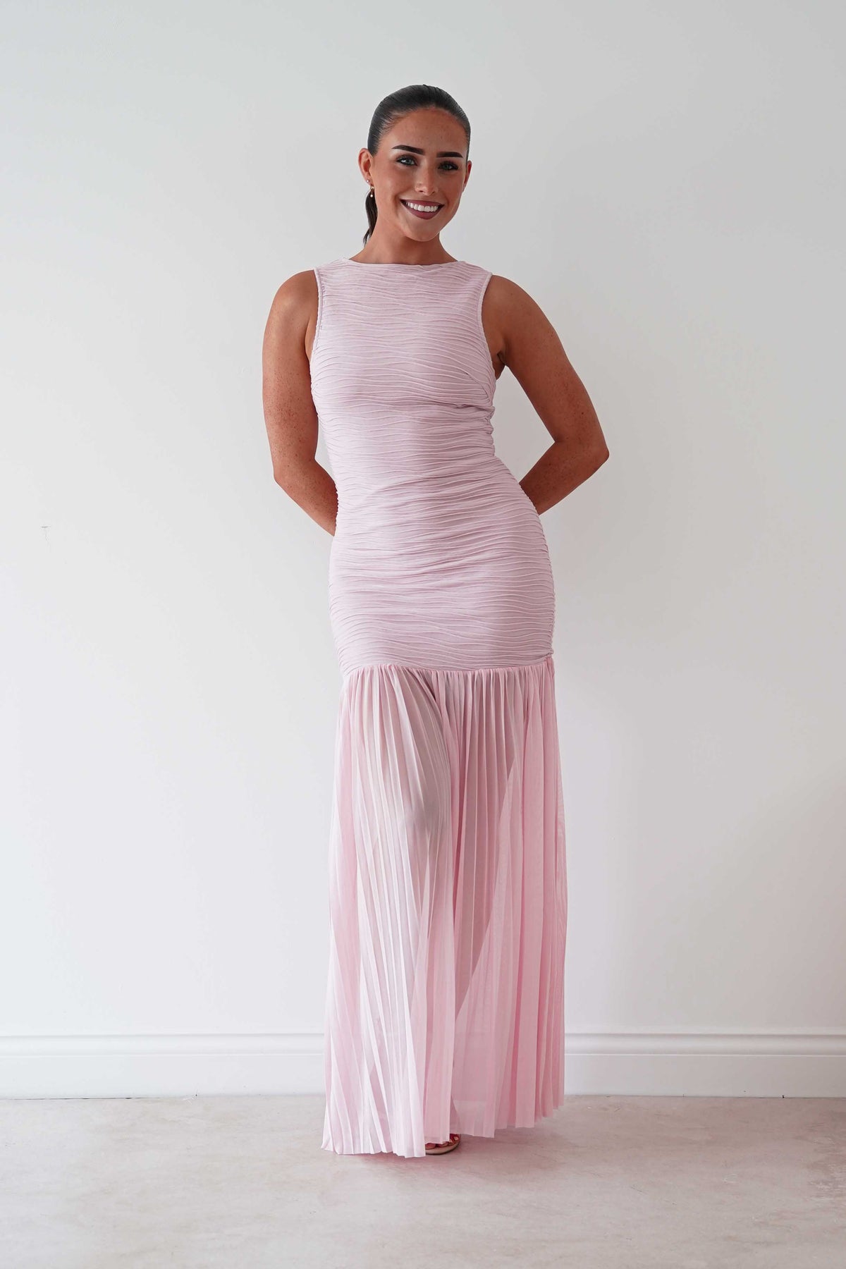 Skye Textured Pleated Hem Midi Dress | Blush Pink-Oh Hello Clothing