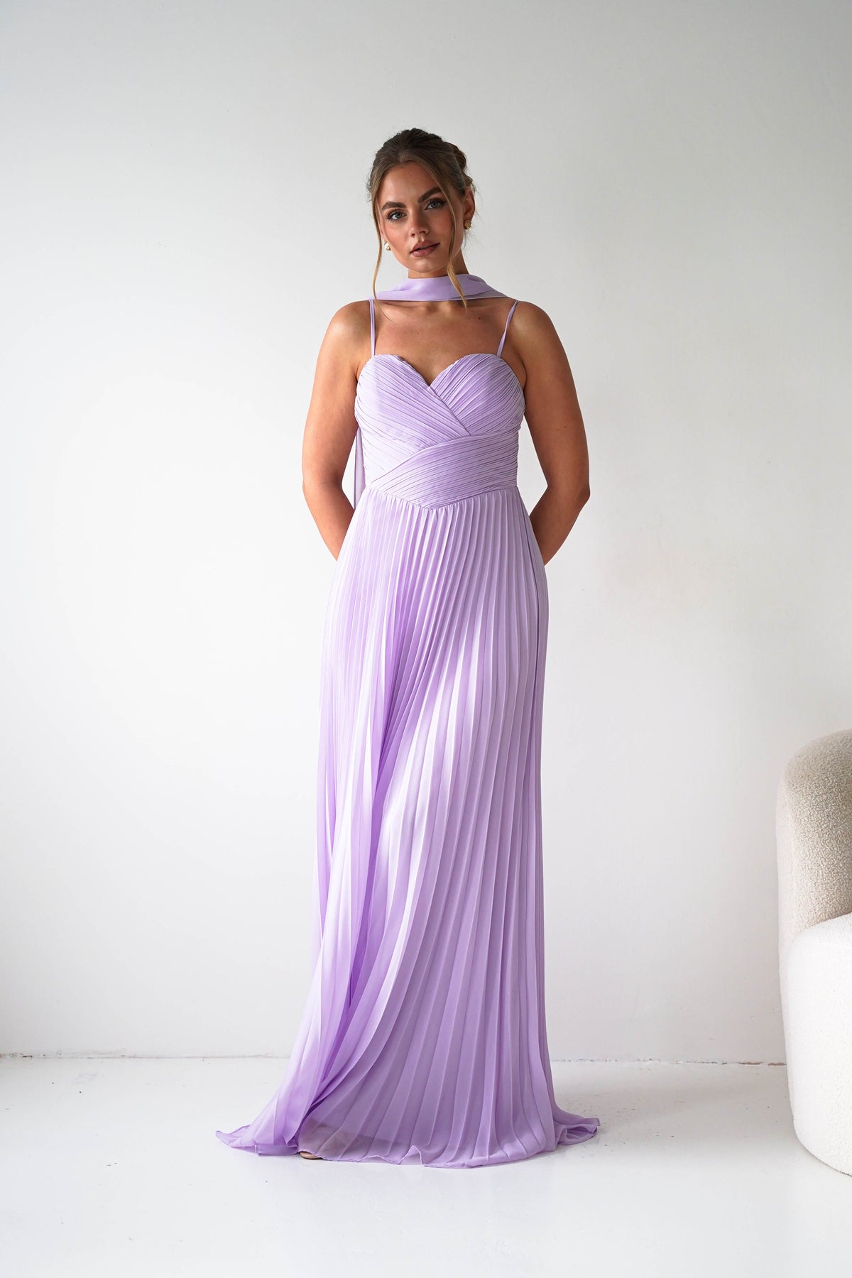 Sonia Pleated Scarf detail Maxi Dress | Lavendar-Oh Hello Clothing