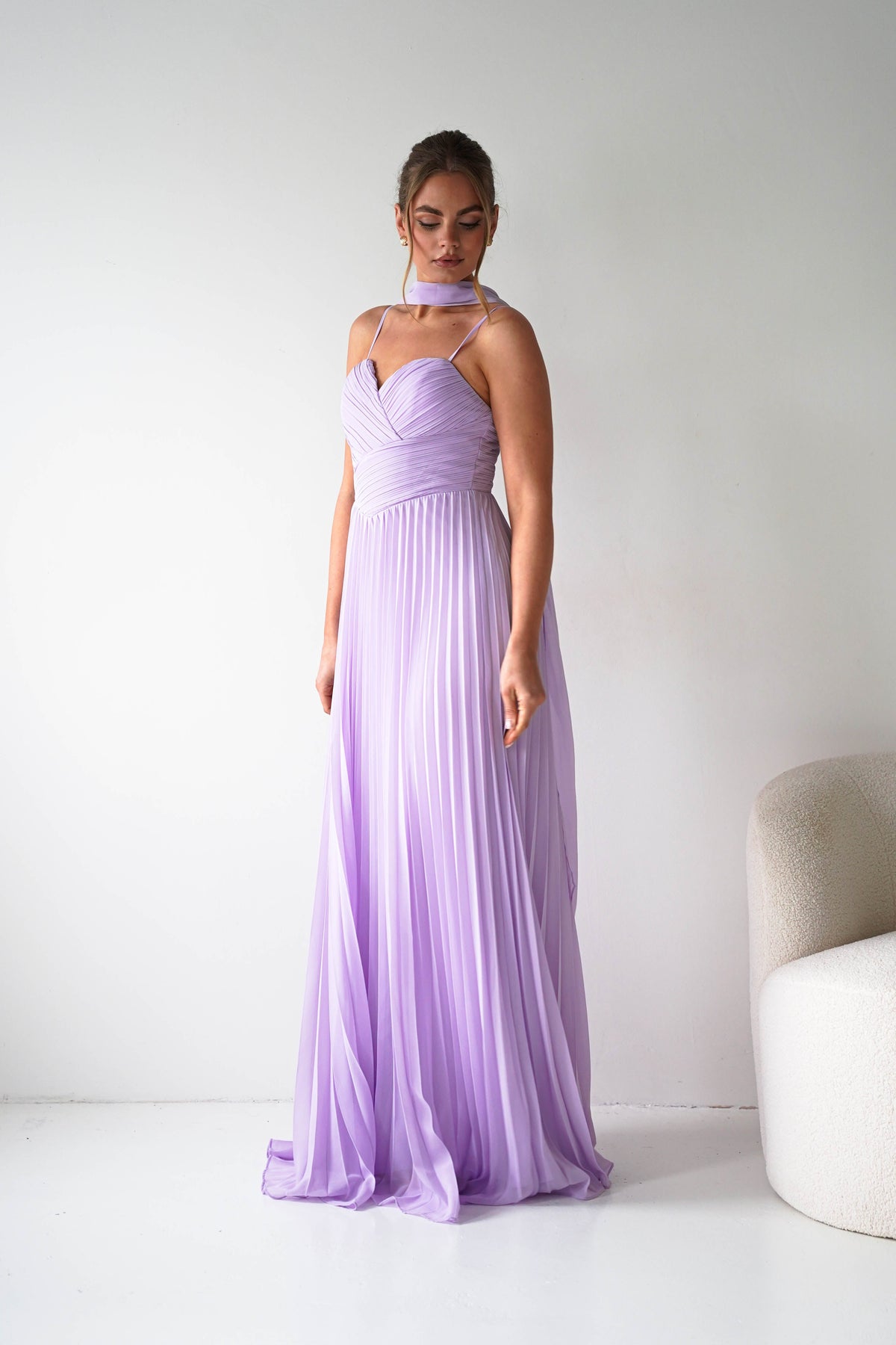Sonia Pleated Scarf detail Maxi Dress | Lavendar-Oh Hello Clothing