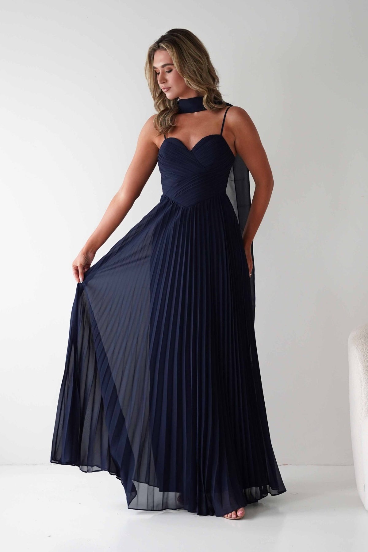 Sonia Pleated Scarf detail Maxi Dress | Navy-Oh Hello Clothing
