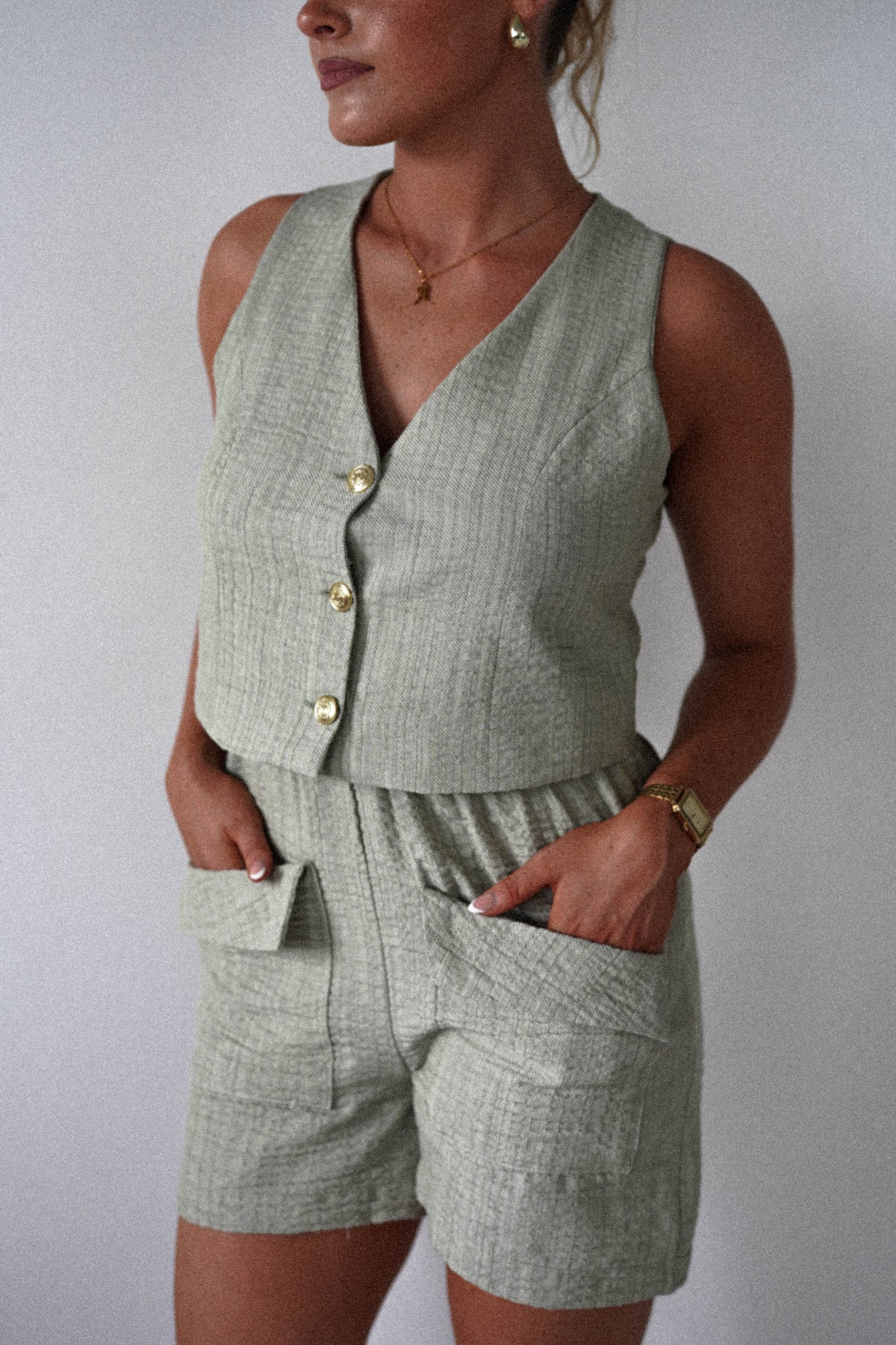 Sonia Waistcoat and Shorts Set | Light Green-Oh Hello Clothing