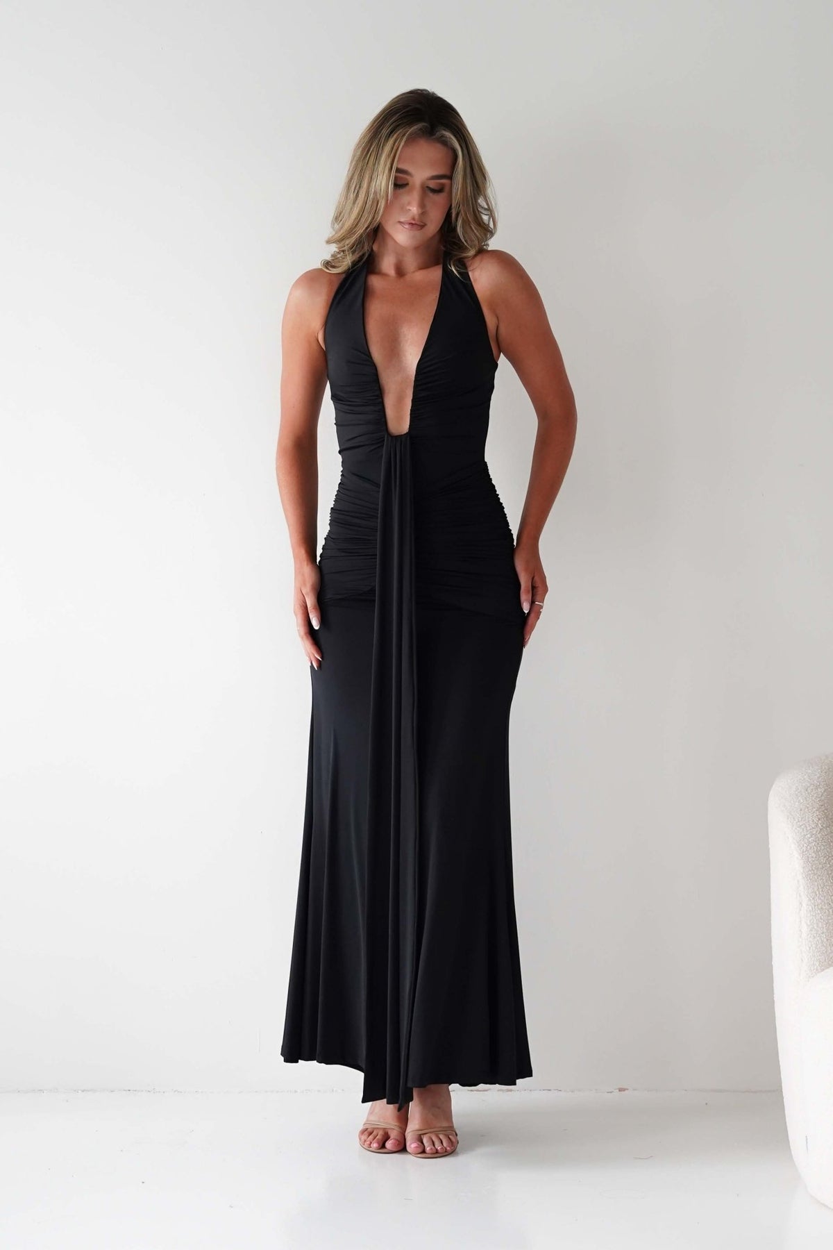 Sophia Low Cut Bodycon Maxi Dress | Black-Oh Hello Clothing