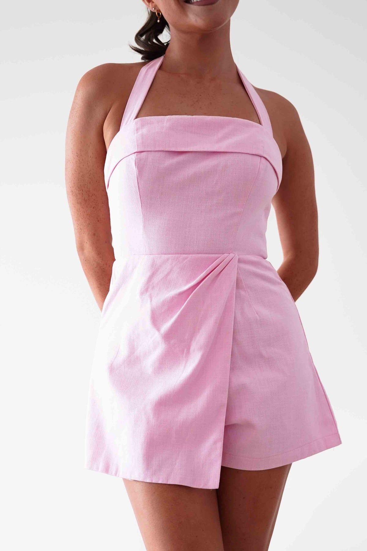 Stacie Linen Blend Tie Strap Playsuit | Pink-Oh Hello Clothing