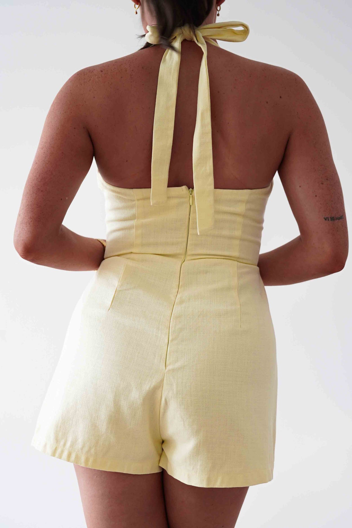 Stacie Linen Blend Tie Strap Playsuit | Yellow-Oh Hello Clothing