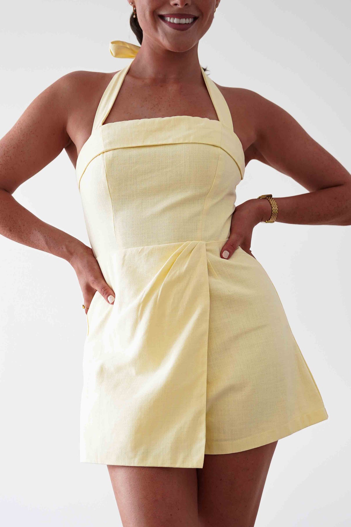 Stacie Linen Blend Tie Strap Playsuit | Yellow-Oh Hello Clothing