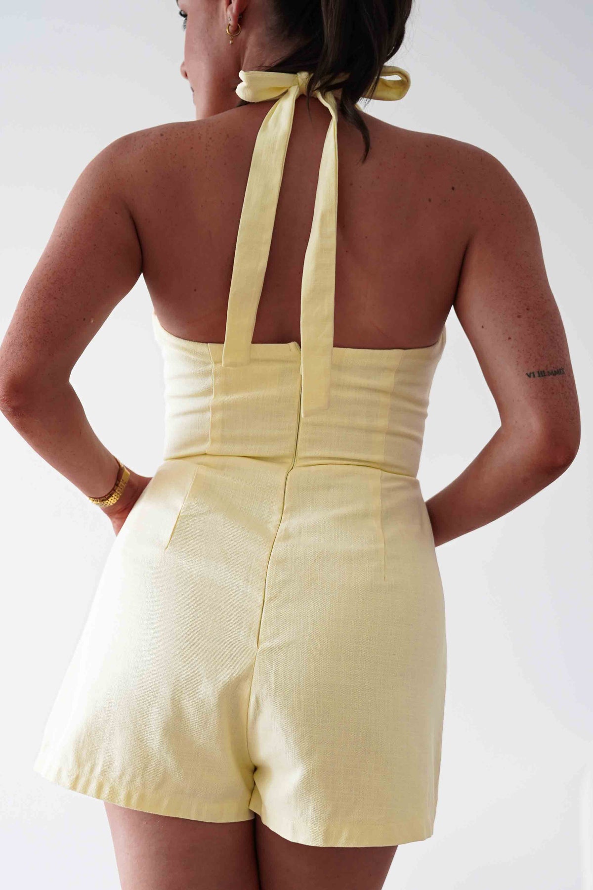 Stacie Linen Blend Tie Strap Playsuit | Yellow-Oh Hello Clothing