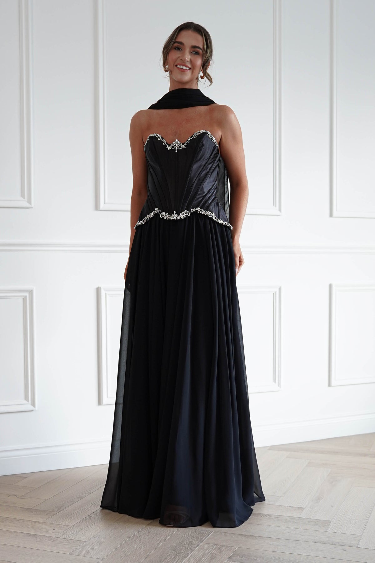 Stella Diamante Chiffon Maxi Gown | Black