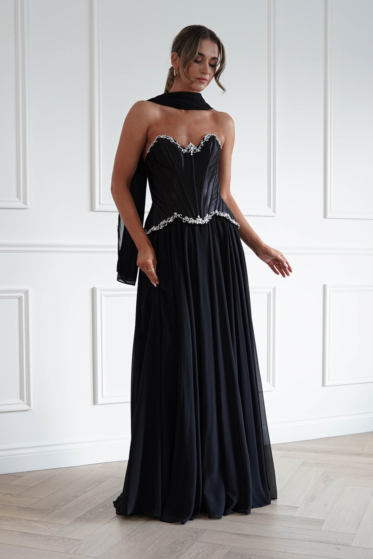 Stella Diamante Chiffon Maxi Gown in Black