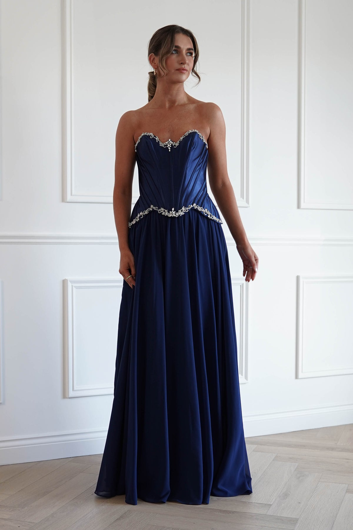 Stella Diamante Chiffon Maxi Gown in Navy