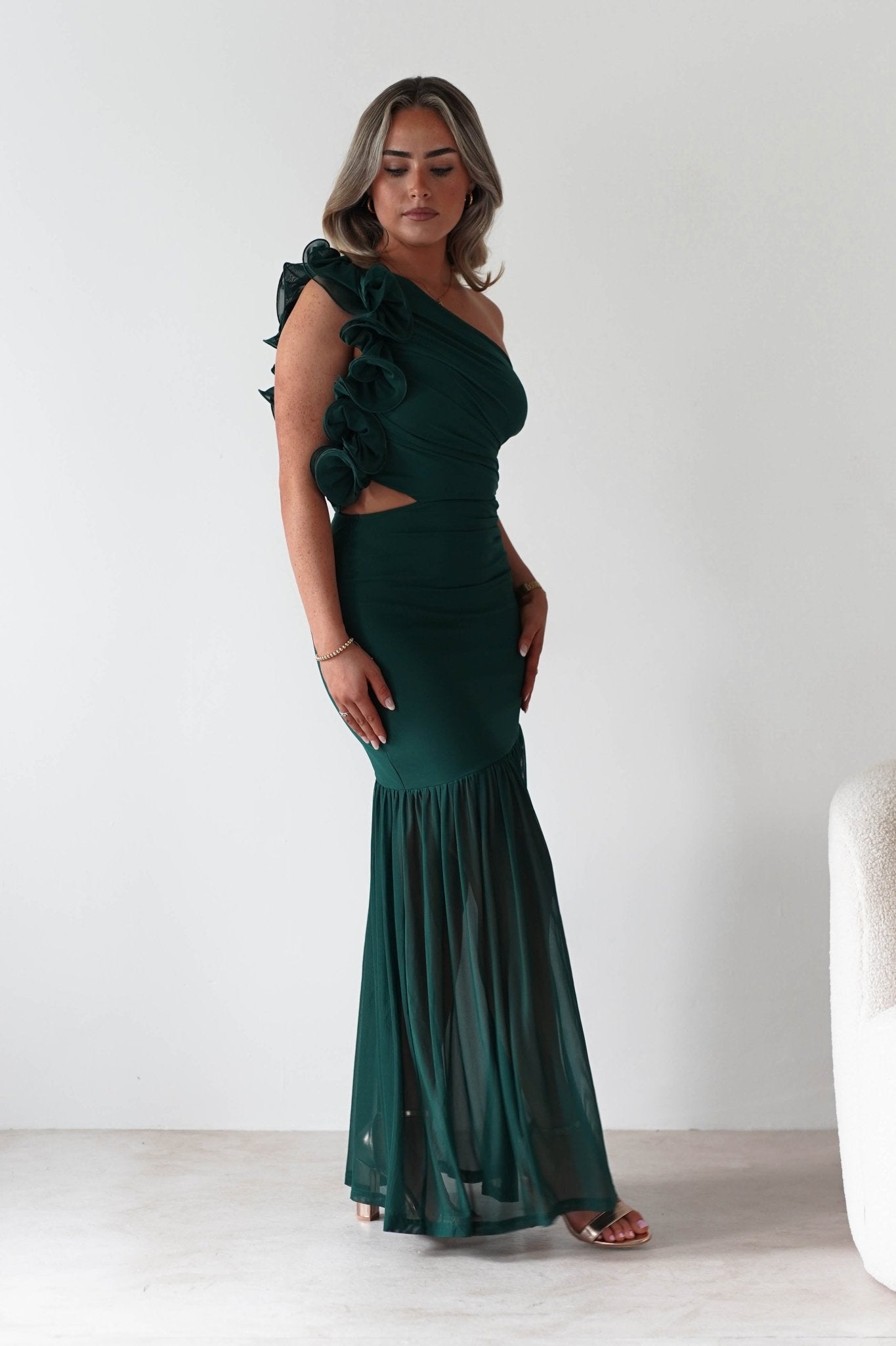 Stephanie Mesh Ruffle Maxi Dress Forest Green | Wedding Guest