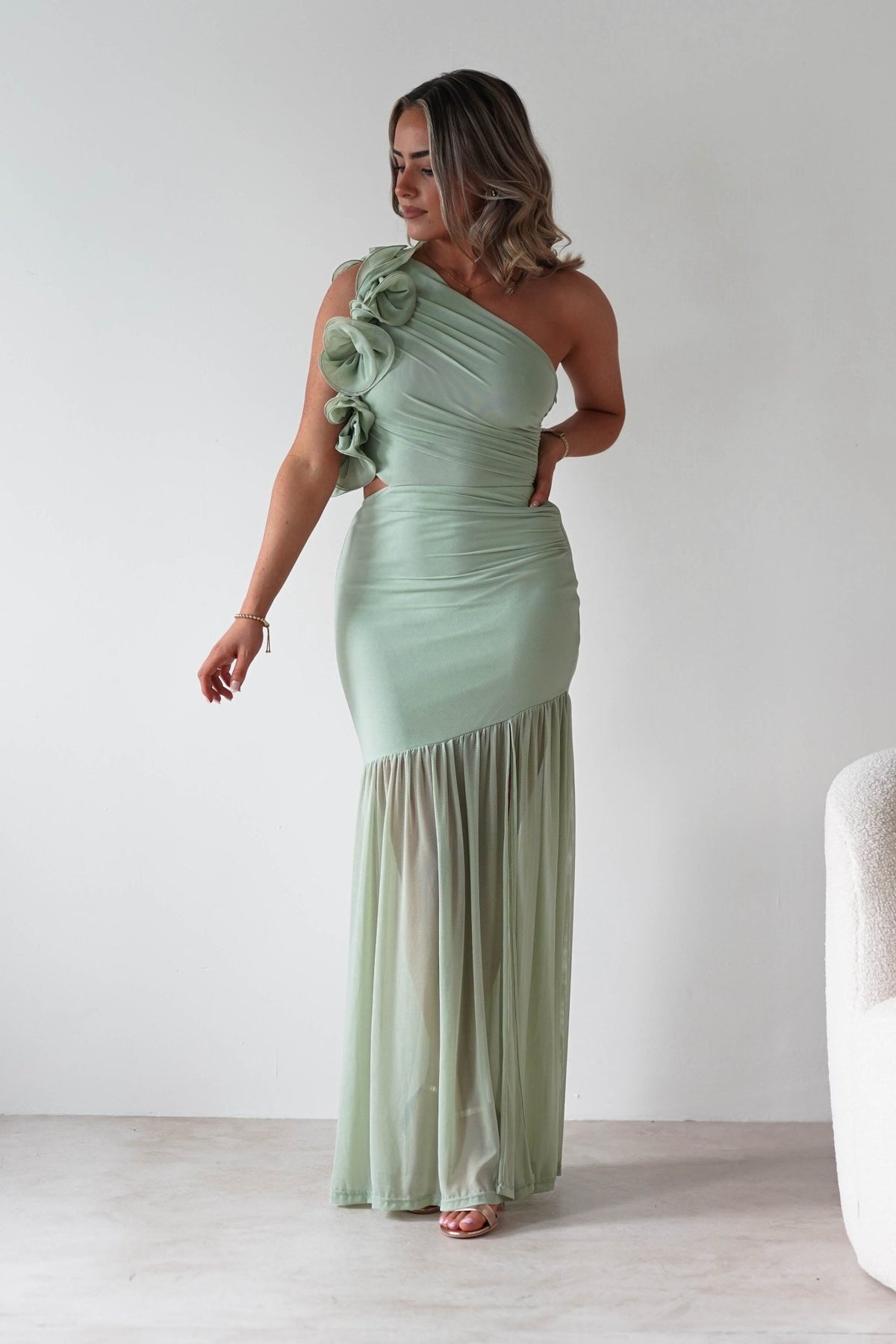 Stephanie Mesh Ruffle Maxi Dress | Sage-Oh Hello Clothing