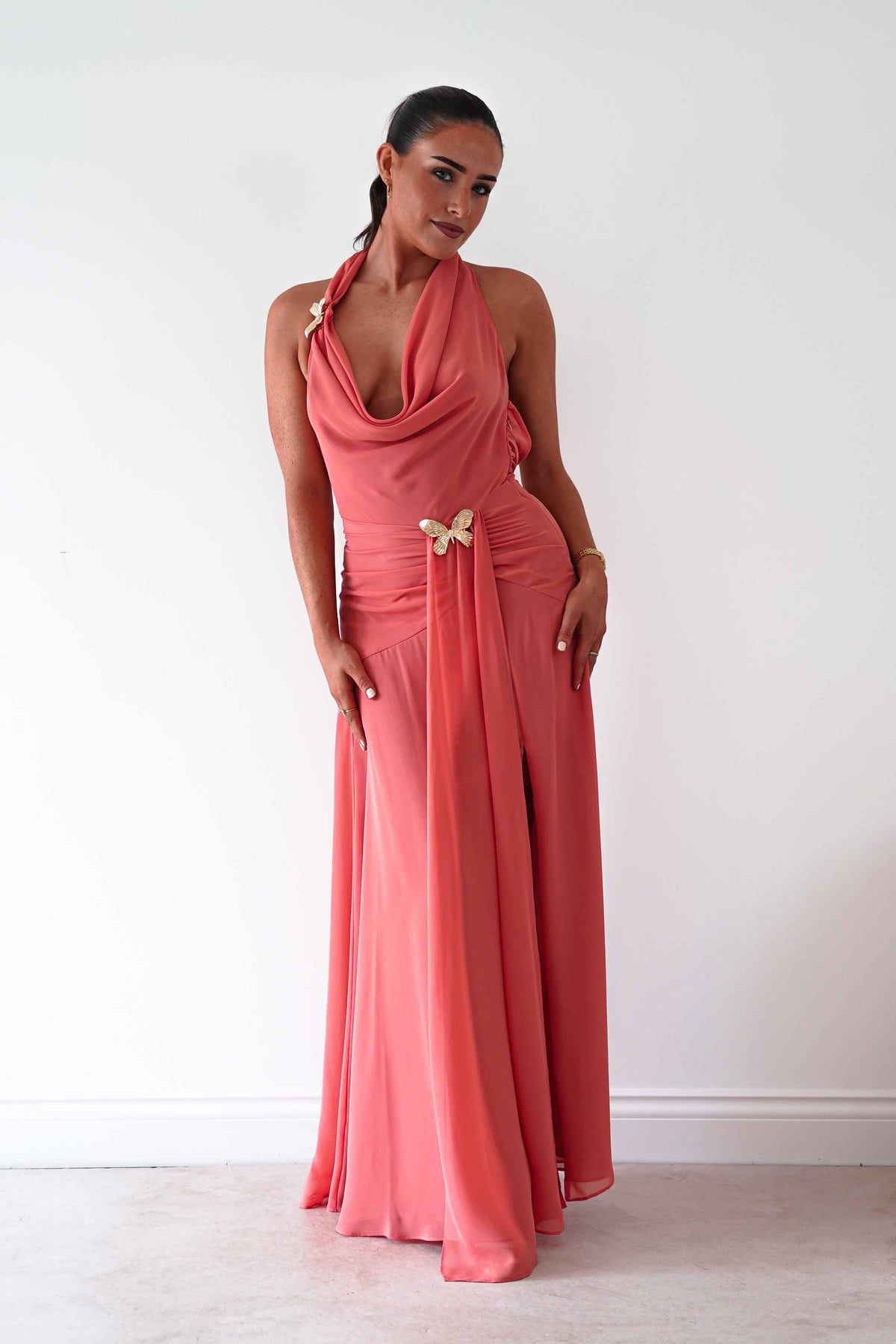 Summer Draped Halterneck Maxi Dress | Coral-Oh Hello Clothing