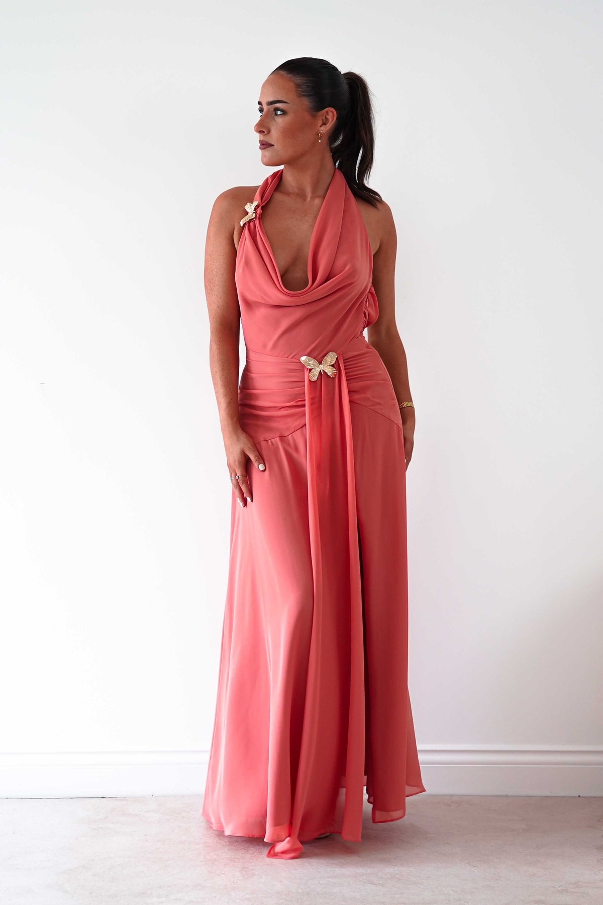 Summer Draped Halterneck Maxi Dress | Coral-Oh Hello Clothing