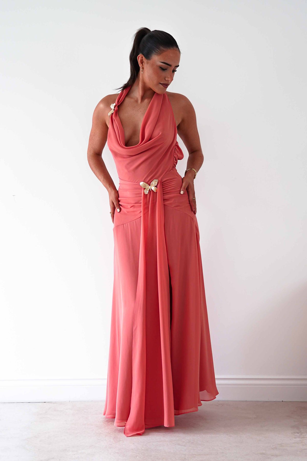 Summer Draped Halterneck Maxi Dress | Coral-Oh Hello Clothing