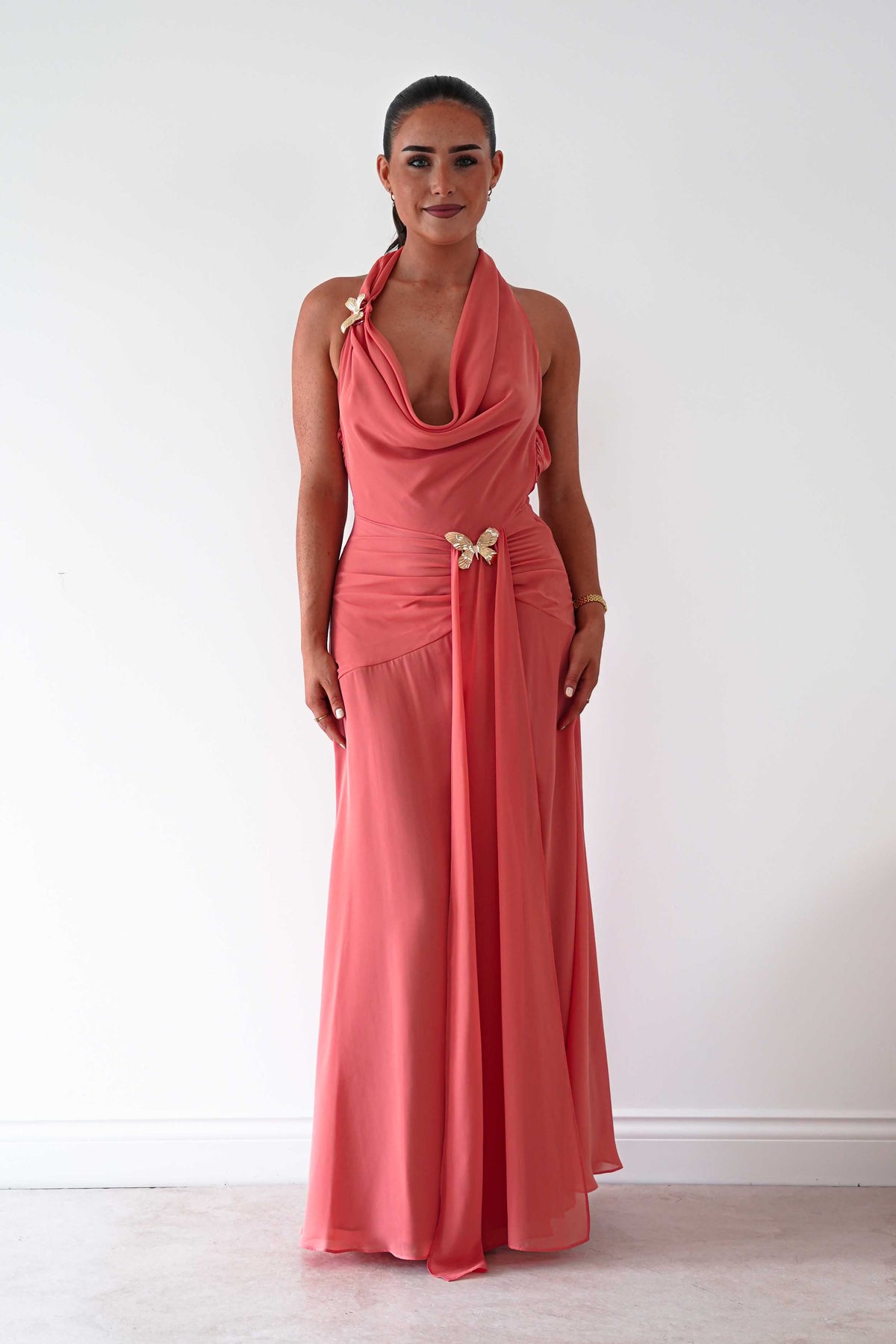 Summer Draped Halterneck Maxi Dress | Coral-Oh Hello Clothing