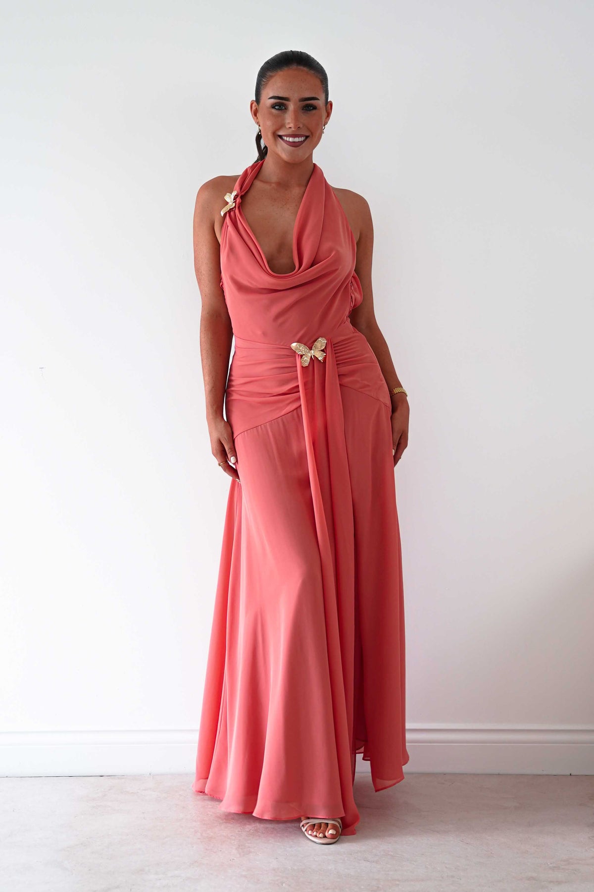 Summer Draped Halterneck Maxi Dress | Coral-Oh Hello Clothing
