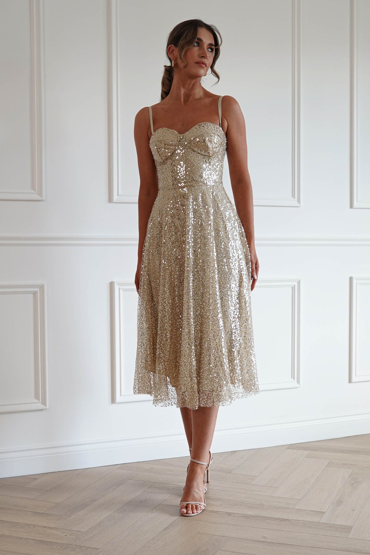 Suzanna Sequin Midi Dress in Gold