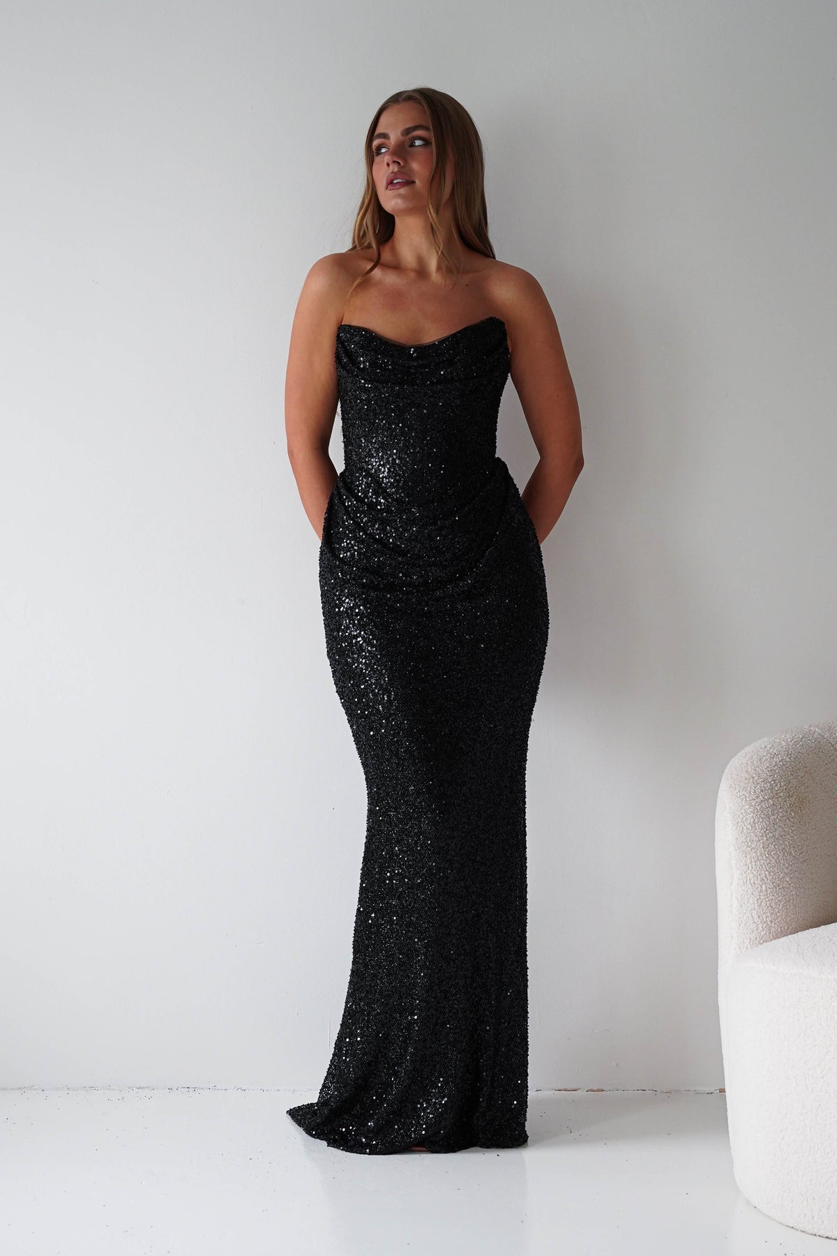 Sylvie Strapless Draped Embellished Gown | Black-Oh Hello Clothing