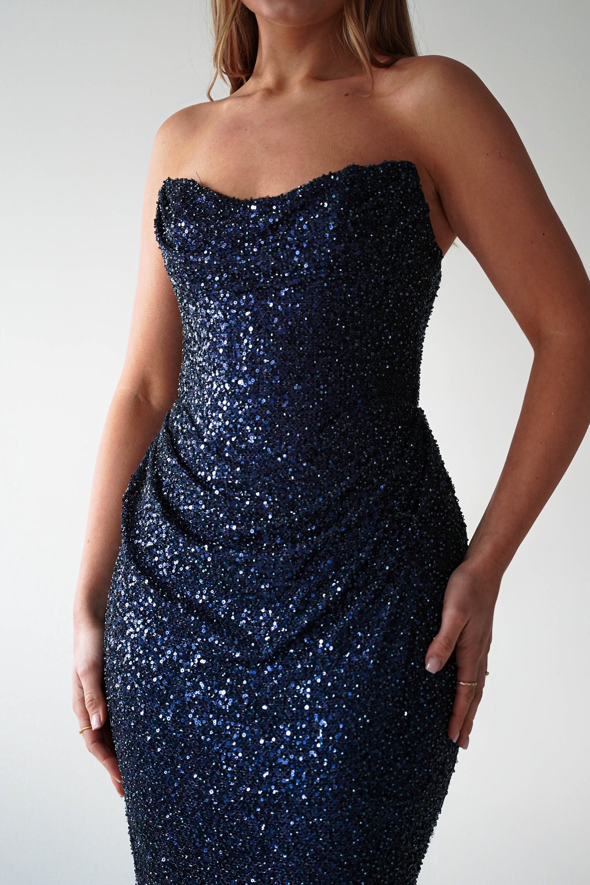 Sylvie Strapless Draped Embellished Gown | Navy-Oh Hello Clothing