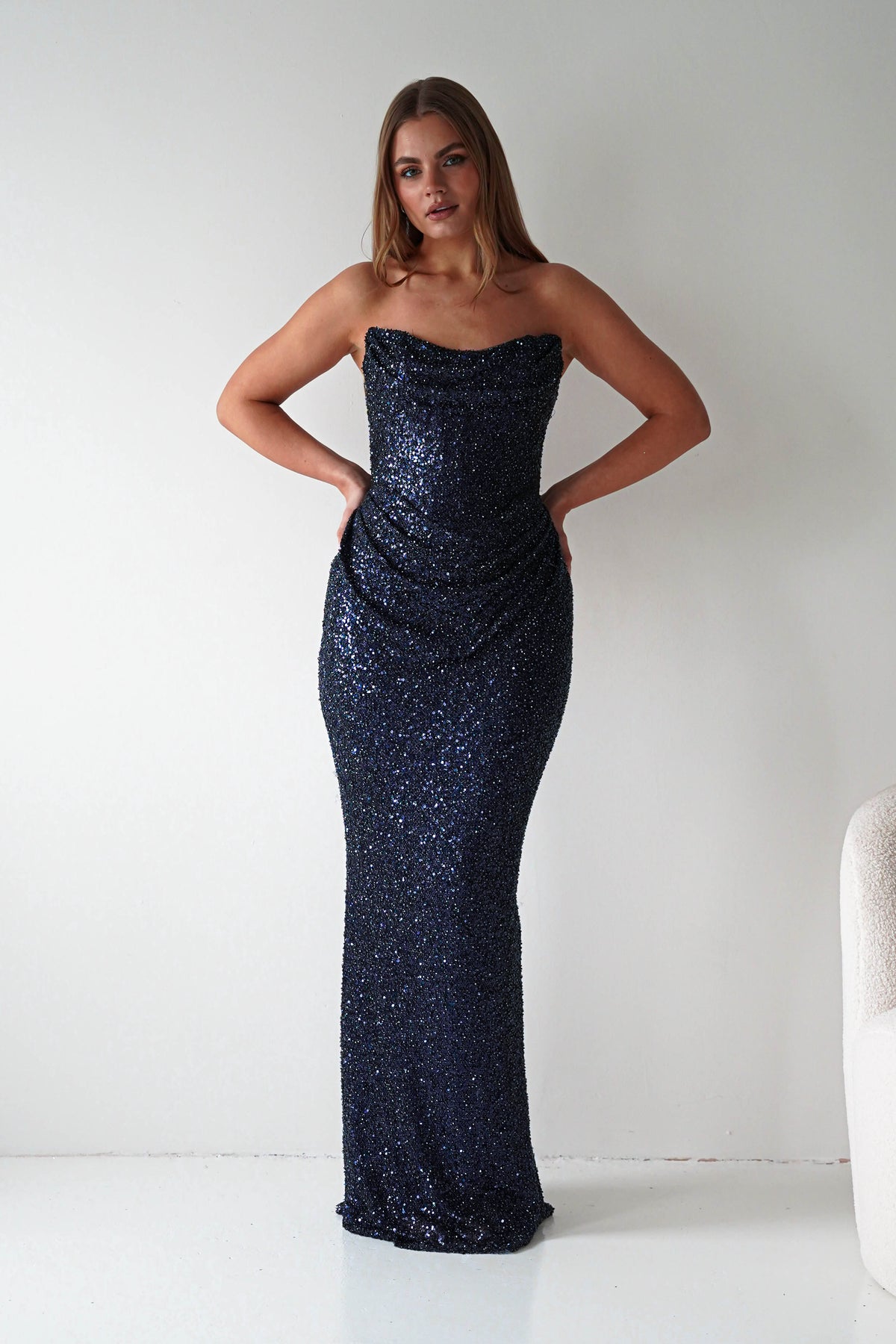 Sylvie Strapless Draped Embellished Gown | Navy-Oh Hello Clothing