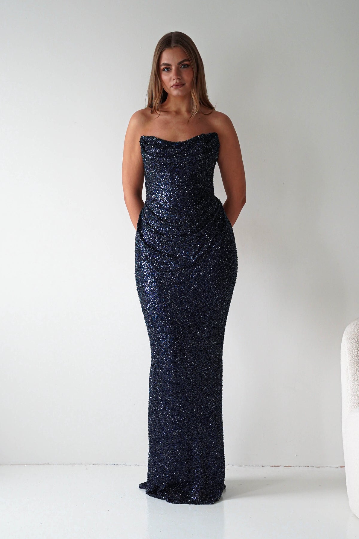 Sylvie Strapless Draped Embellished Gown | Navy-Oh Hello Clothing