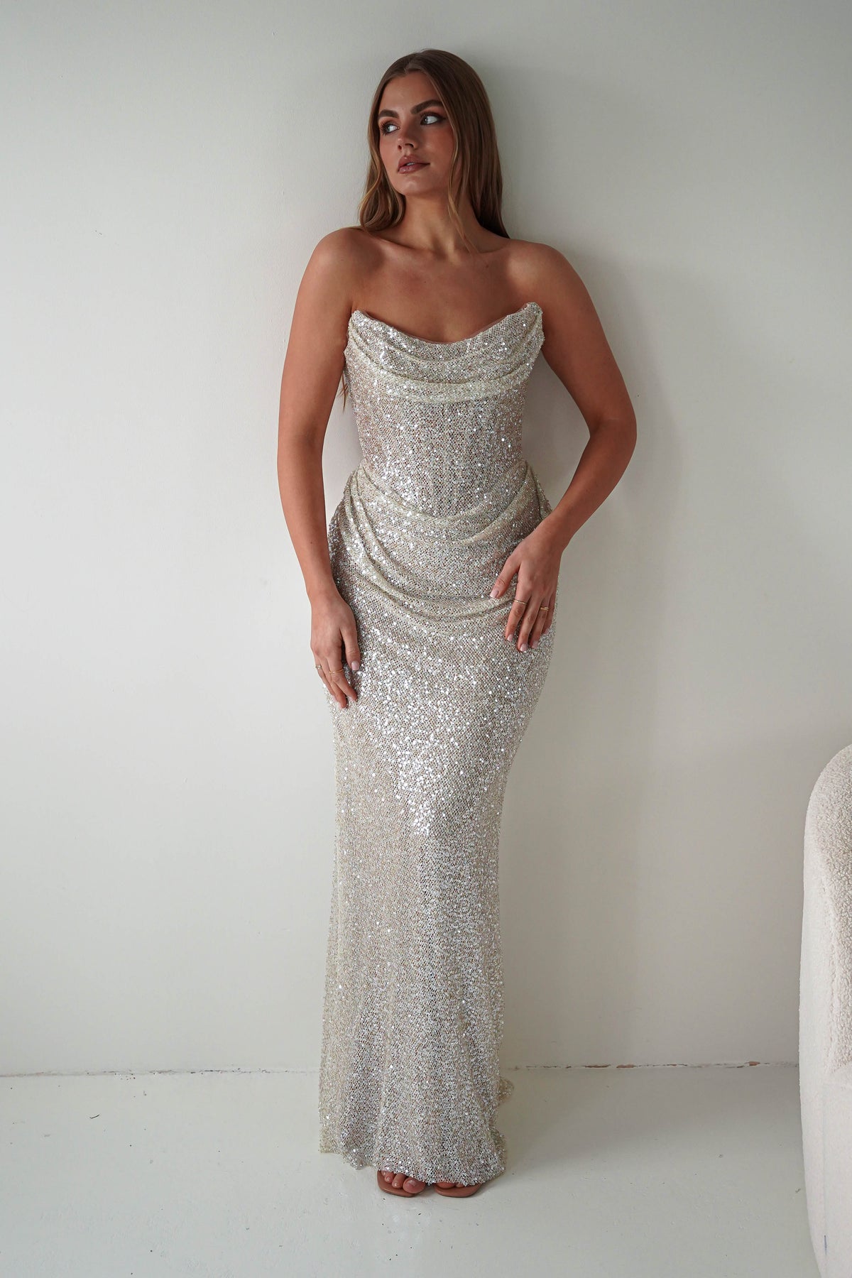 Sylvie Strapless Draped Embellished Gown | Platinum-Oh Hello Clothing