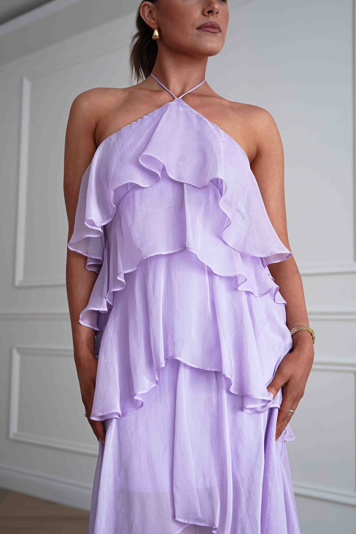 Tala Ruffle Tiered Halterneck Maxi Dress | Lilac-Oh Hello Clothing