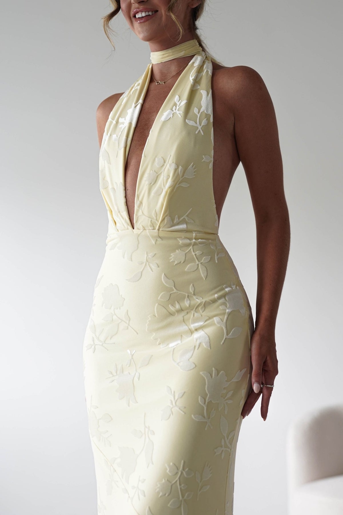 Tara Floral Jacquard Maxi Dress | Yellow-Oh Hello Clothing
