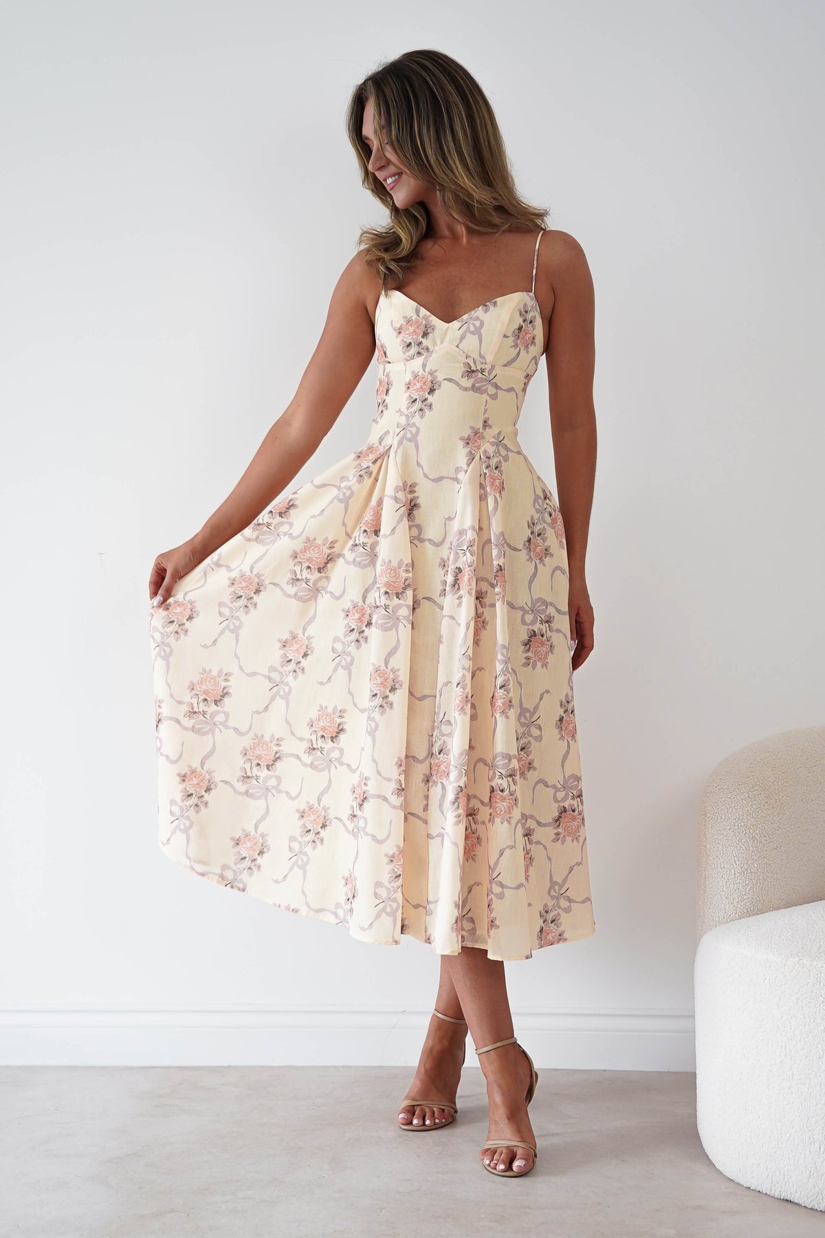 Tess Floral Print Skater Midaxi Dress | Yellow-Oh Hello Clothing