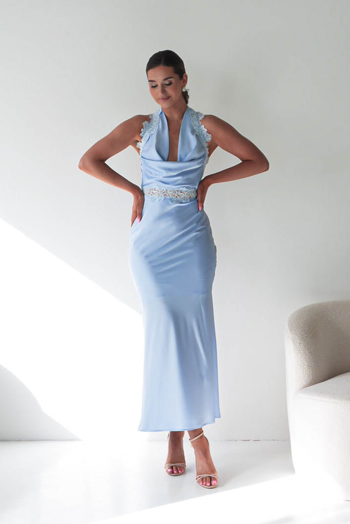 Tonya Halterneck Lace Detail Satin Maxi Dress | Blue-Oh Hello Clothing