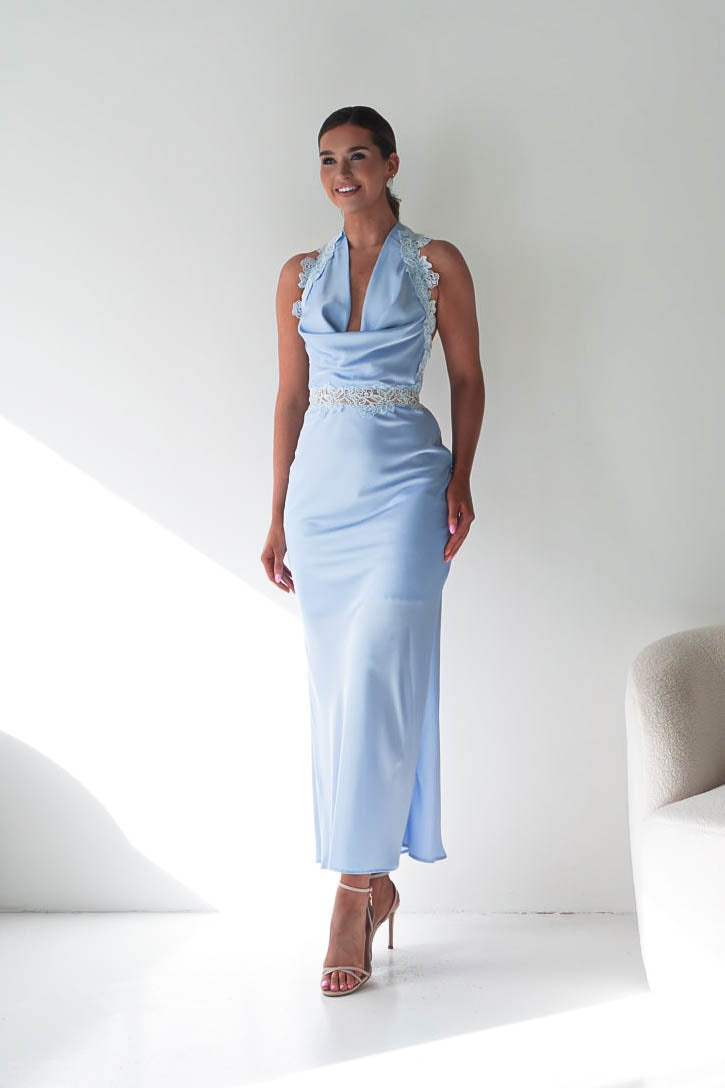 Tonya Halterneck Lace Detail Satin Maxi Dress | Blue-Oh Hello Clothing