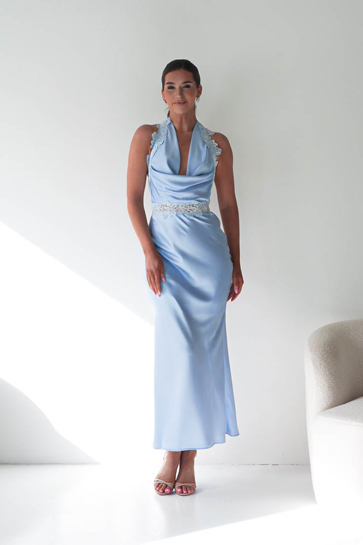 Tonya Halterneck Lace Detail Satin Maxi Dress | Blue-Oh Hello Clothing