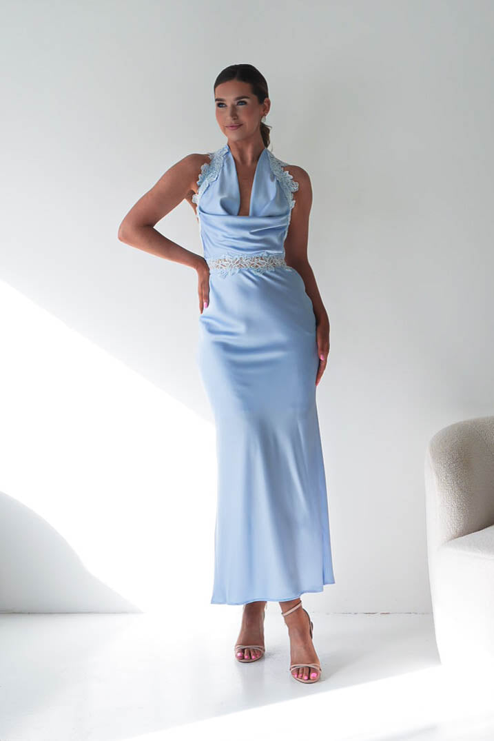 Tonya Halterneck Lace Detail Satin Maxi Dress | Blue-Oh Hello Clothing